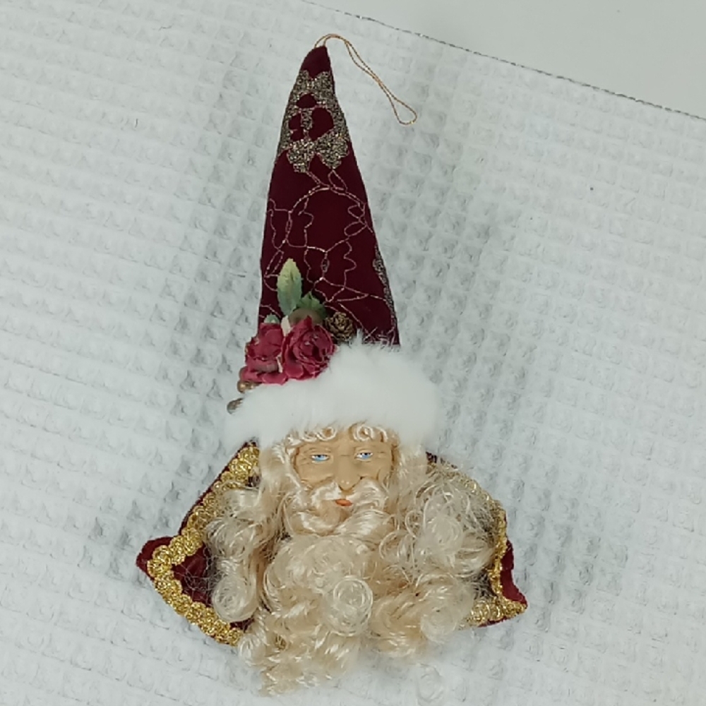 Vintage Old World Santa Claus Head Ornament with Burgundy Hat